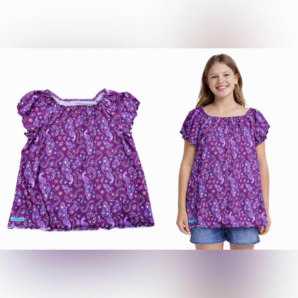 🩷5/$25 American Girl Purple Peacock Print Peasant Top Girls 10/12 Puff Sleeve